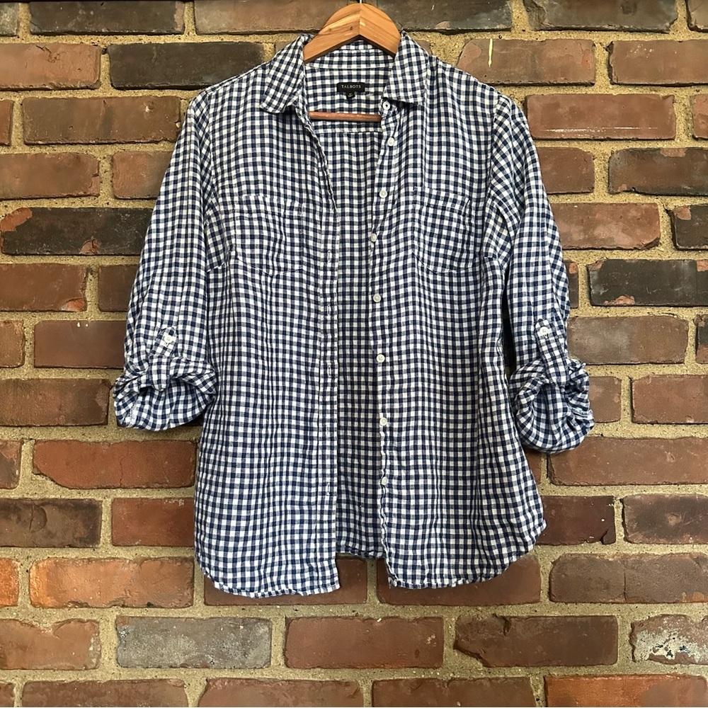 Talbots Gingham Linen Button Down Check Shirt Siz… - image 3
